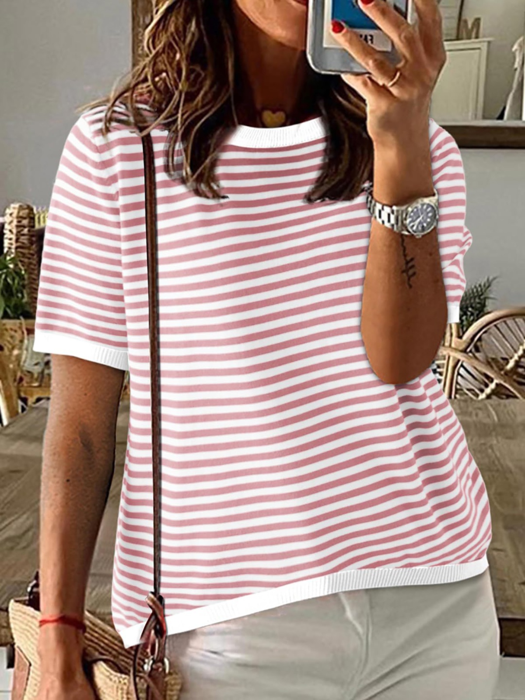 

StyleCast x Revolte Women Round Neck Striped Crepe Top, Pink