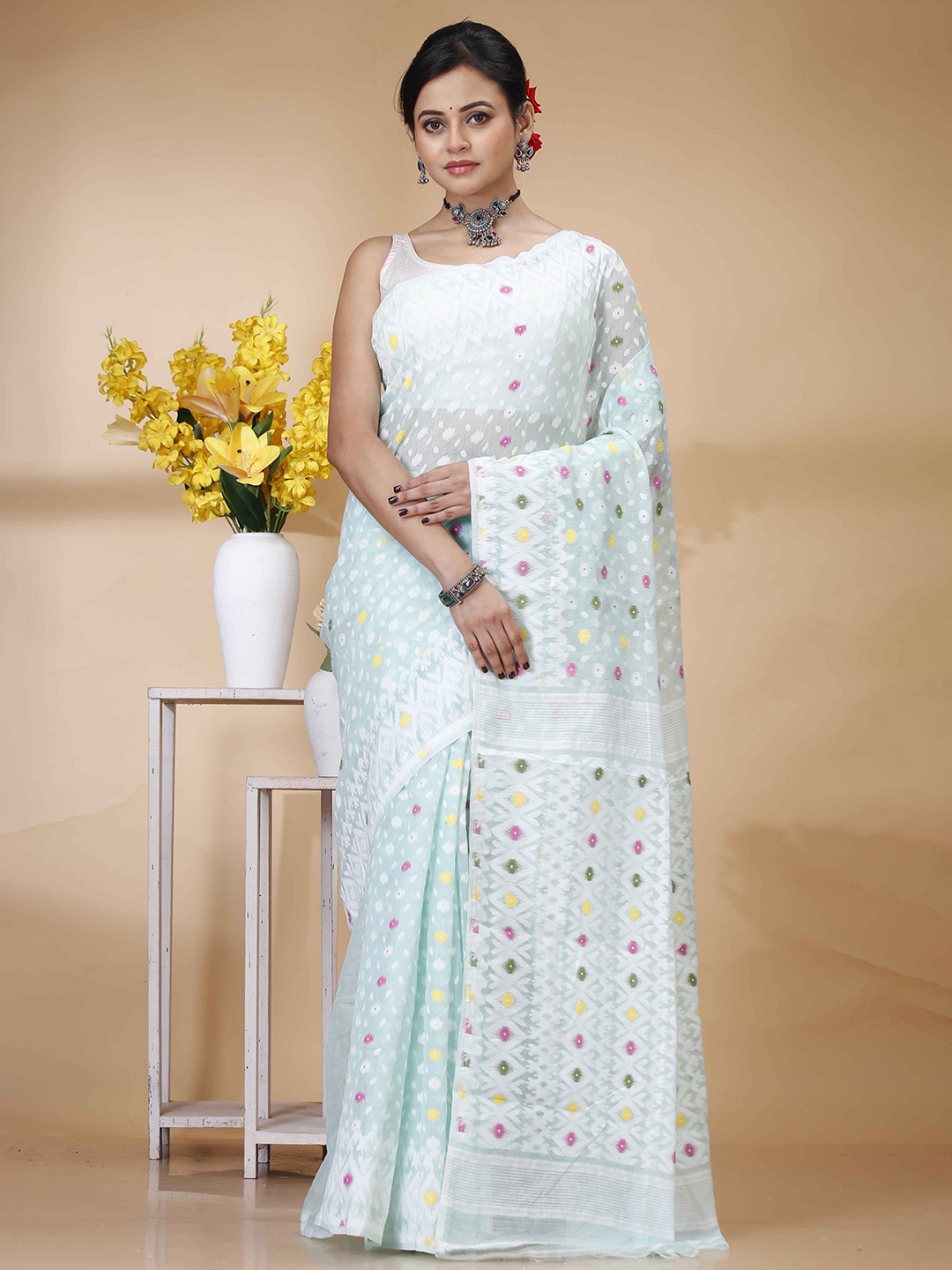 

SRILOK Ethnic Motifs Pure Cotton Jamdani Saree, Blue