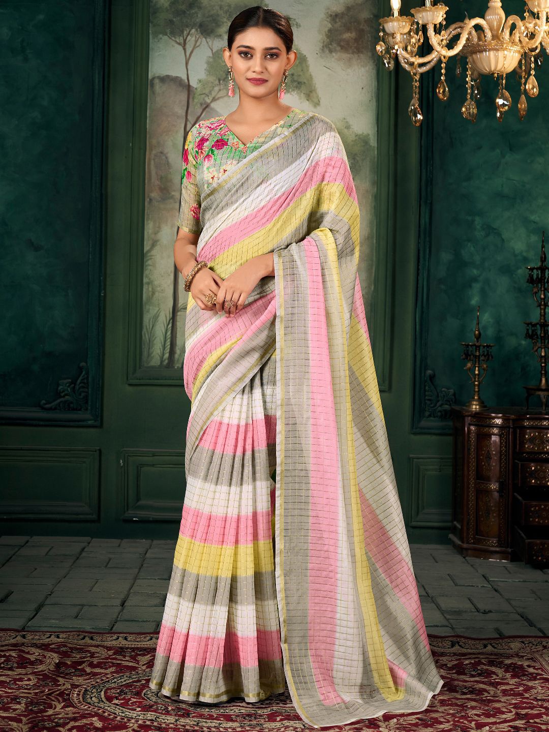 

Panzora Checked Gotta Patti Chanderi Saree, Yellow