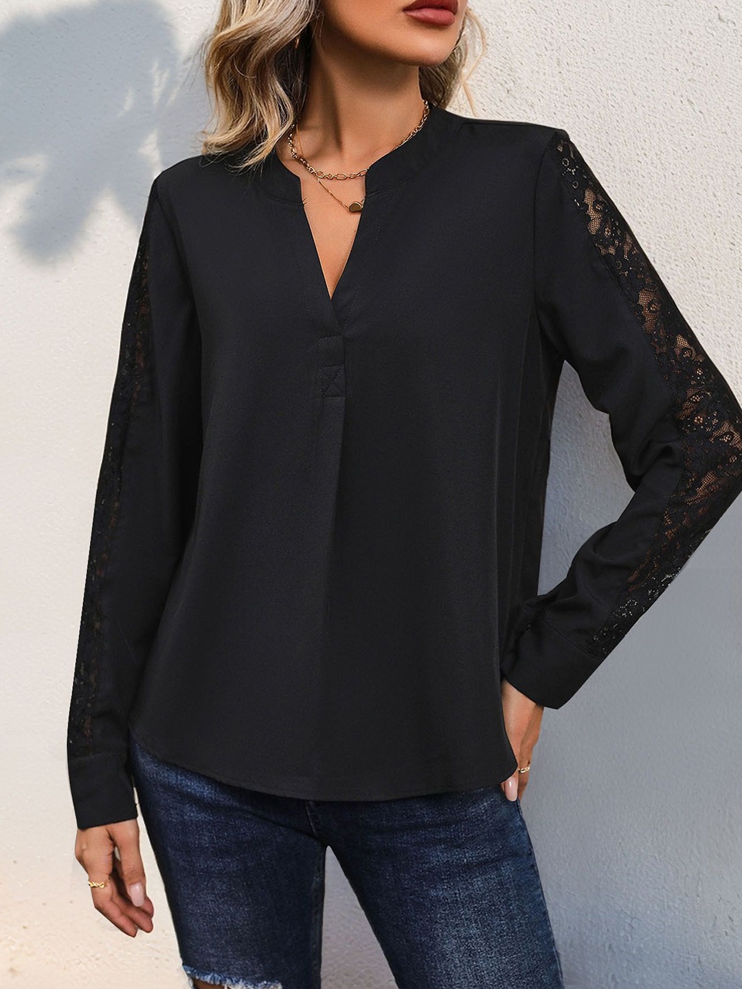 

StyleCast x Revolte Solid Mandarin Collar Cuffed Sleeves Shirt Style Top, Black