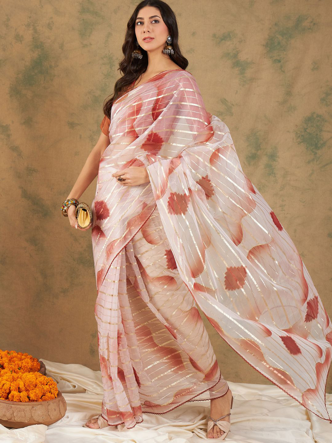 

DEVATITHI Rust Soft Organza Saree, White