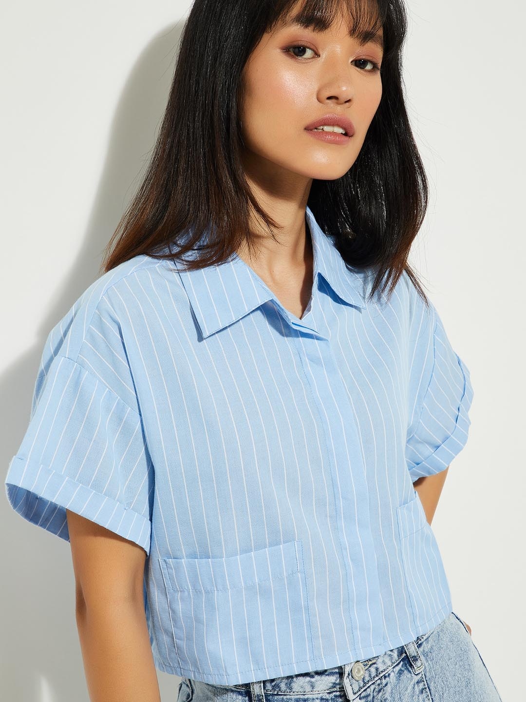 

max Women Opaque Striped Casual Shirt, Blue