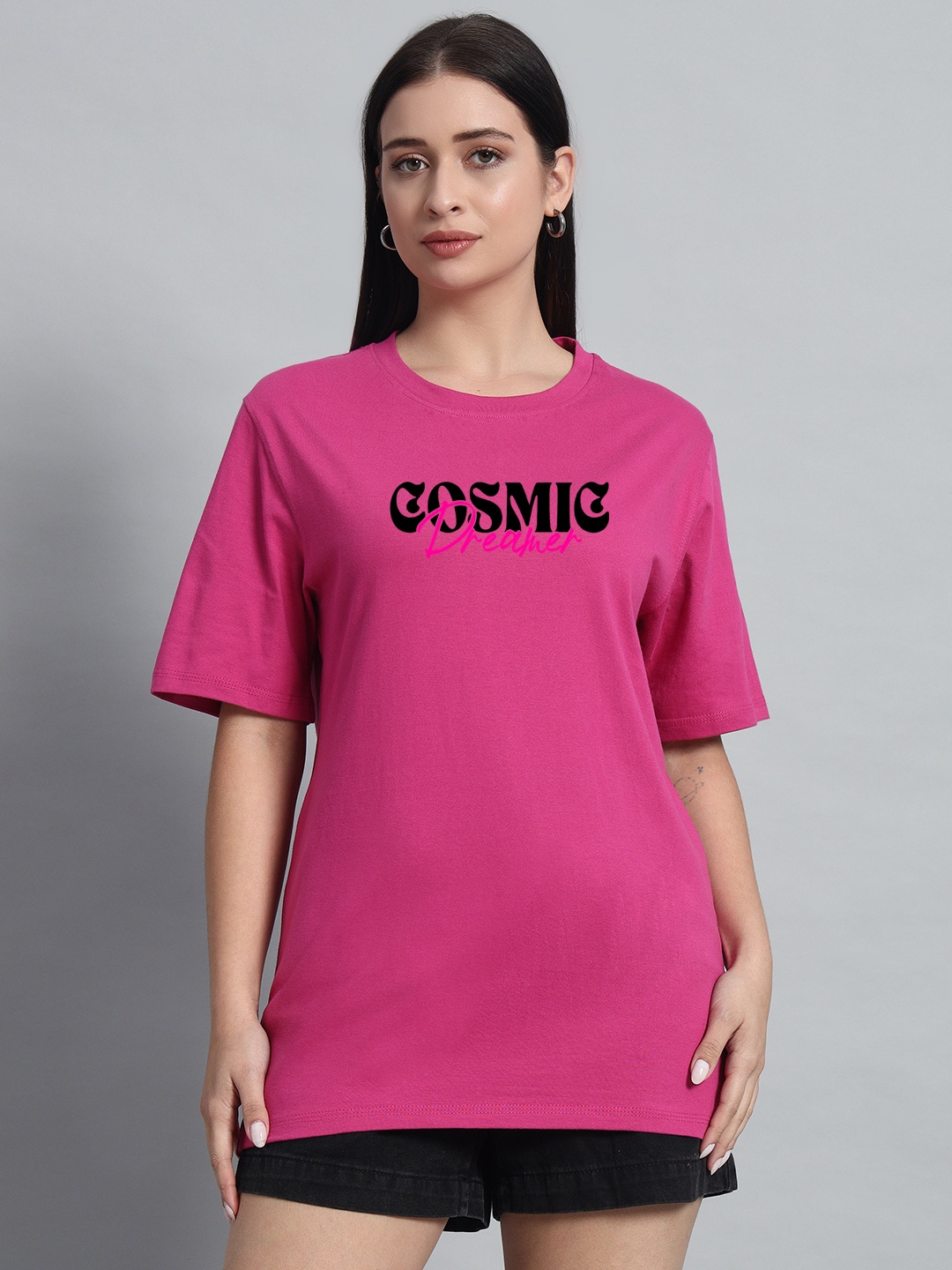 

N1F FASHION Women Typography Printed Round Neck Cotton Oversized T-shirt, Fuchsia