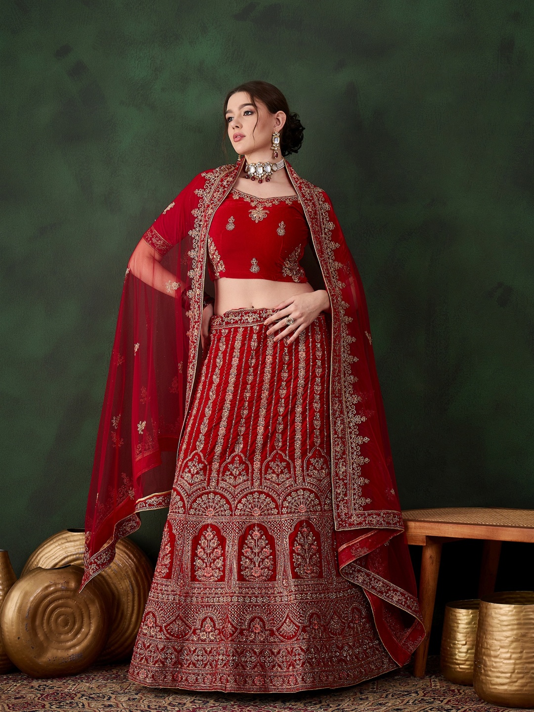 

DEVATITHI Embroidered Thread Work Velvet Semi-Stitched Lehenga & Blouse With Dupatta, Red