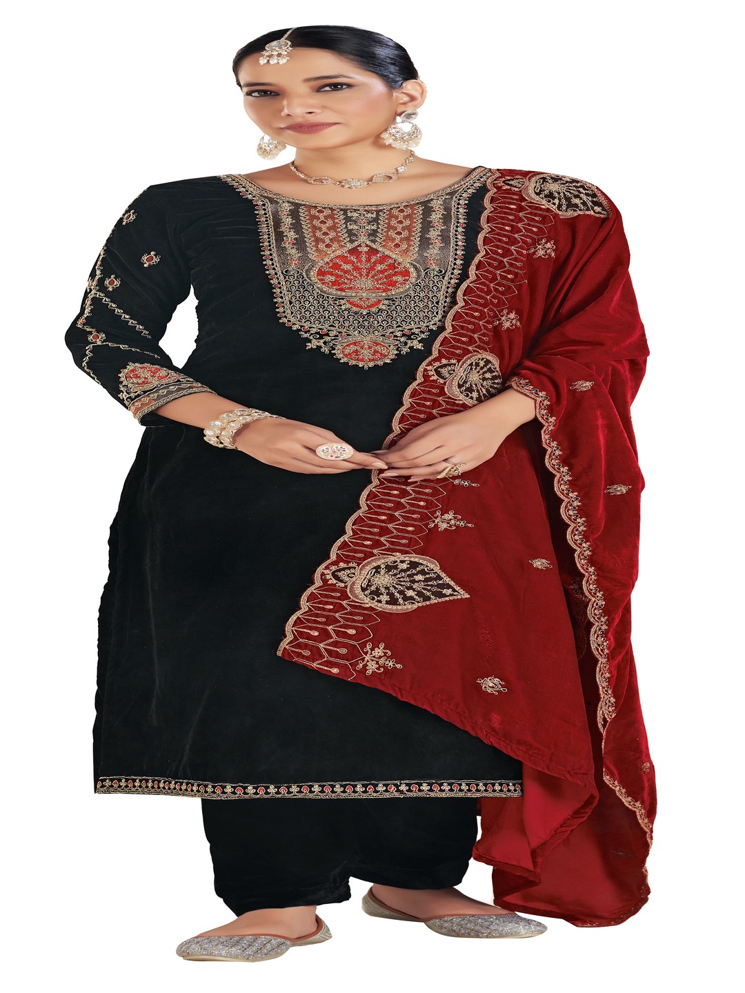 

DRAVINAM Trends Floral Embroidered Zari Velvet Unstitched Dress Material, Black