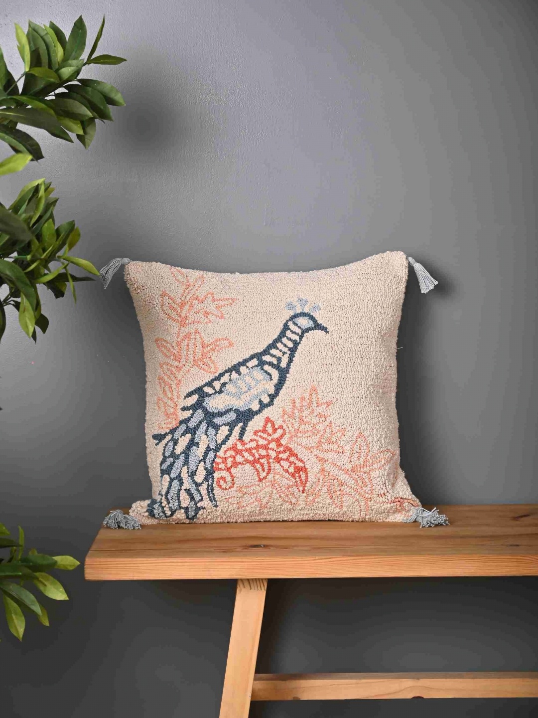 

Aura Beige & Blue Peacock Embroidered Cotton Square Cushion Cover