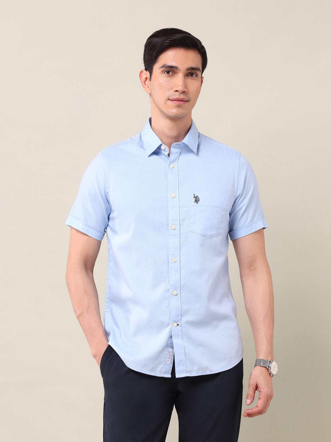 

U.S. Polo Assn. Men Classic Slim Fit Spread Collar Solid Cotton Casual Shirt, Blue