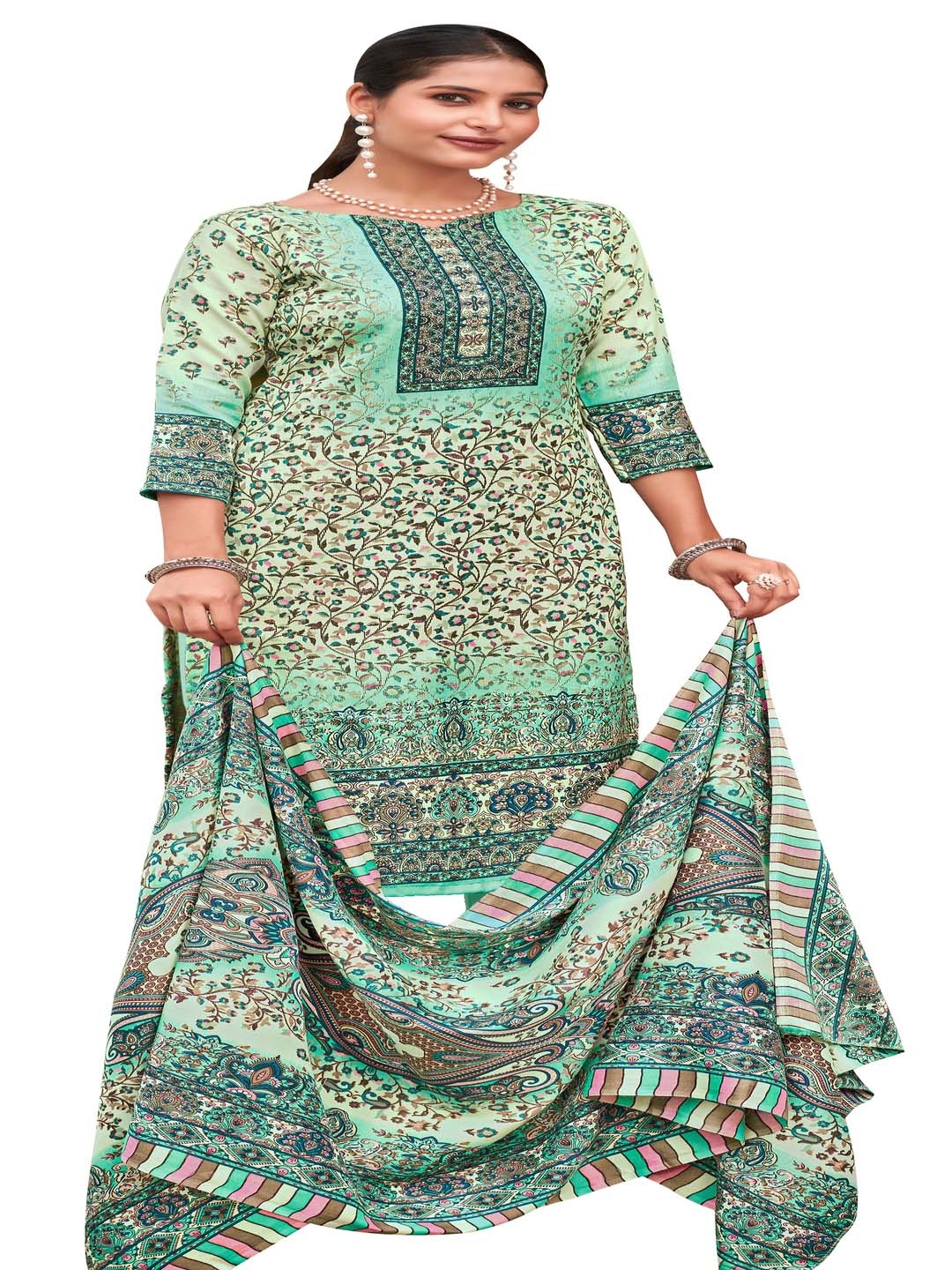 

DRAVINAM Trends Floral Printed Pashmina Unstitched Dress Material, Green