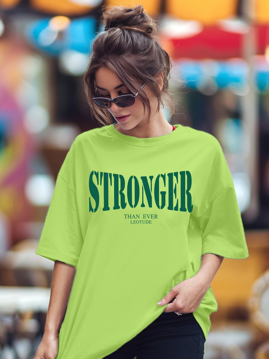 

Leotude Women Typography Printed Round Neck Cotton Oversized T-shirt, Green