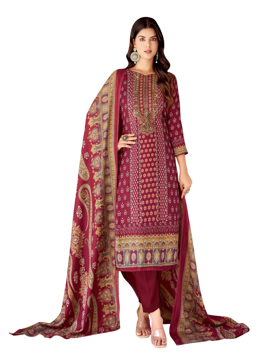 

DRAVINAM Trends Floral Printed Pashmina Unstitched Dress Material, Maroon