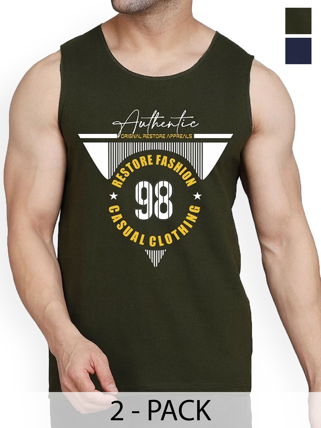 

Woostro 2-Pcs Printed Cotton Innerwear Vests RS26 CMB (RUN NAVY) (98 OLIVE), Navy blue
