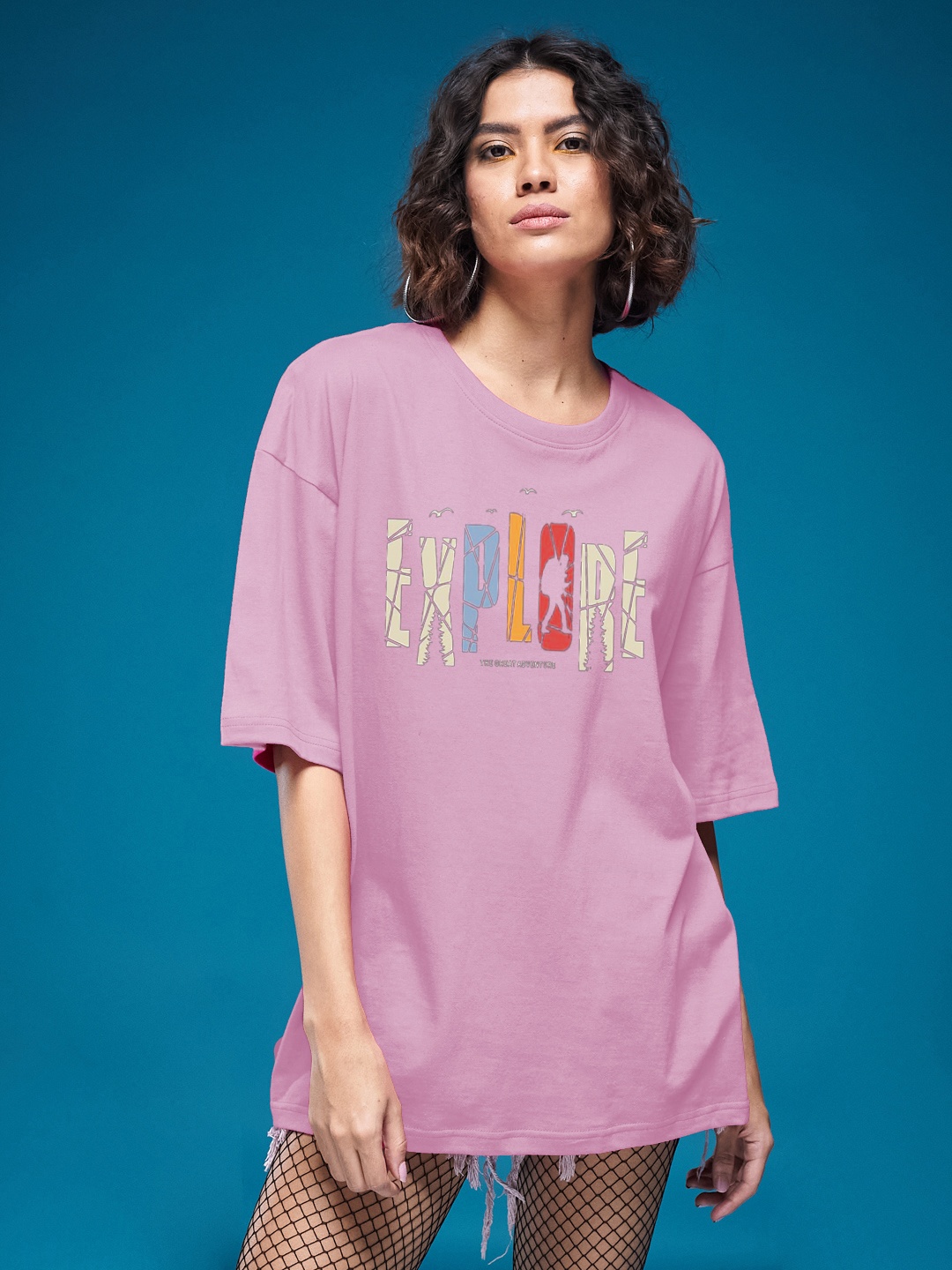 

SMARTEES Women Typography Printed Round Neck Cotton Oversized T-shirt, Pink