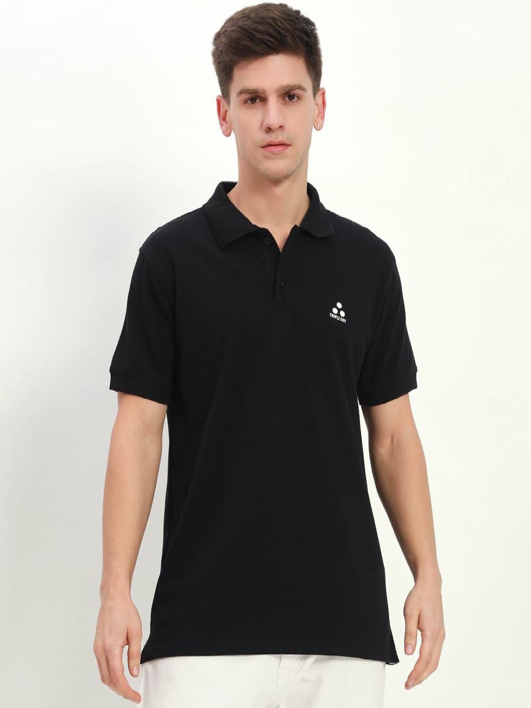

Triple Dot Men Bio Finish Solid Polo Collar Cotton T-shirt, Black