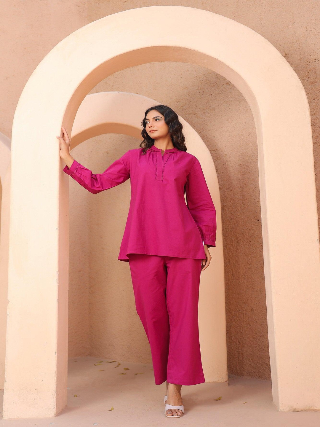 

JISORA Solid Mandarin Collar Pure Cotton Co-ord Set, Pink