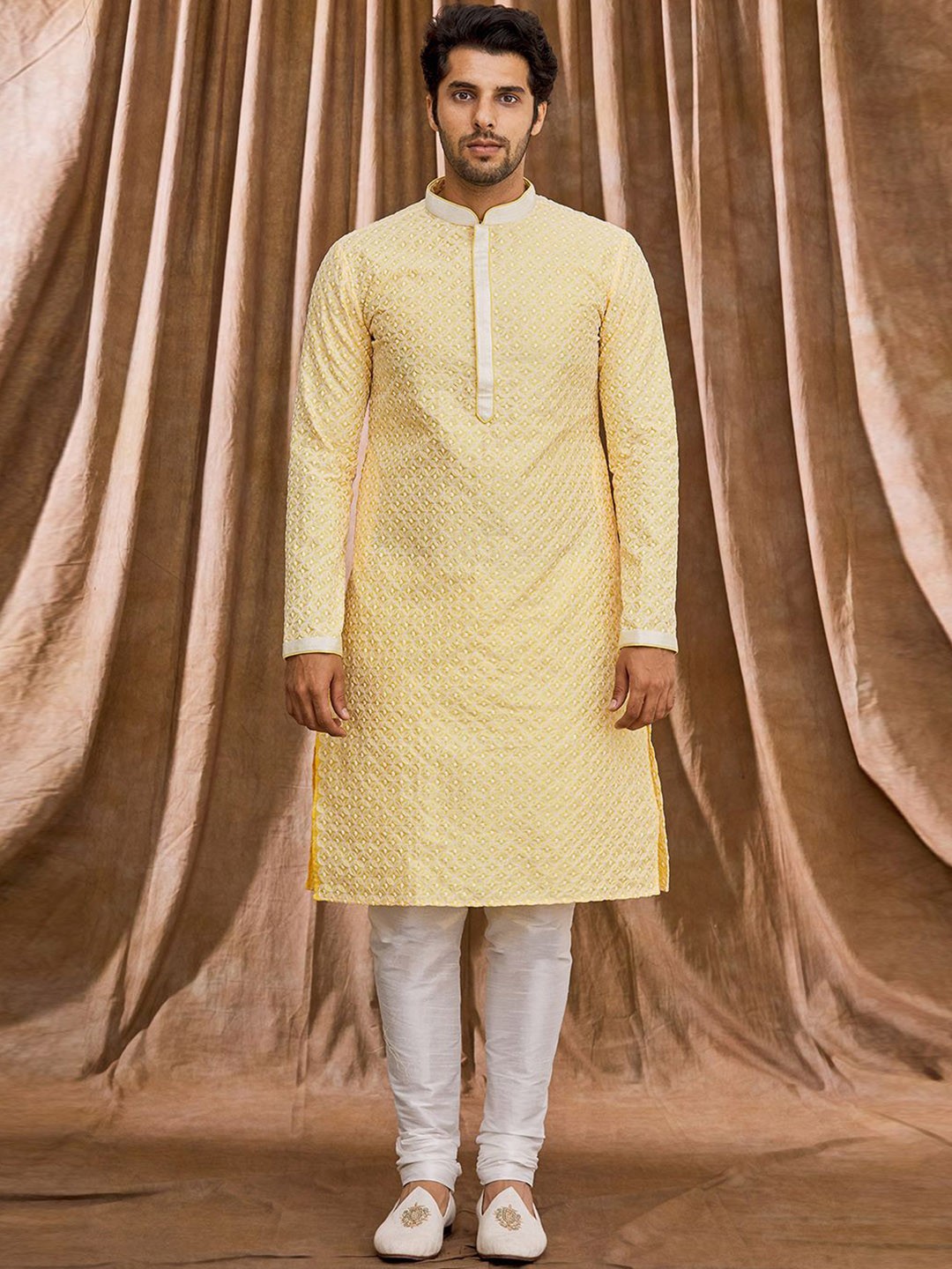 

Arihant Rai Sinha Men Regular Dupion Silk Kurta with Churidar, Yellow