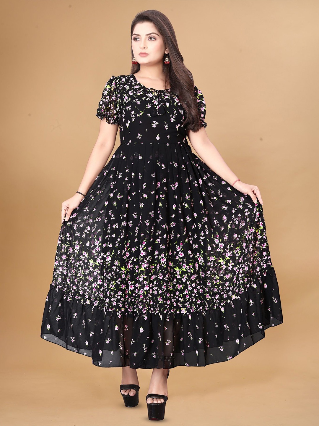 

KRISHTI CREATION Floral Print Puff Sleeve Georgette Fit & Flare Maxi Dress, Black