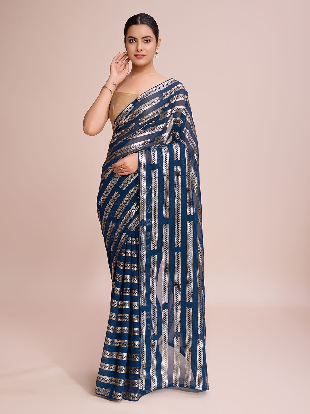 

Moda Rapido Embellished Sequinned Pure Georgette Heavy Work Saree, Navy blue