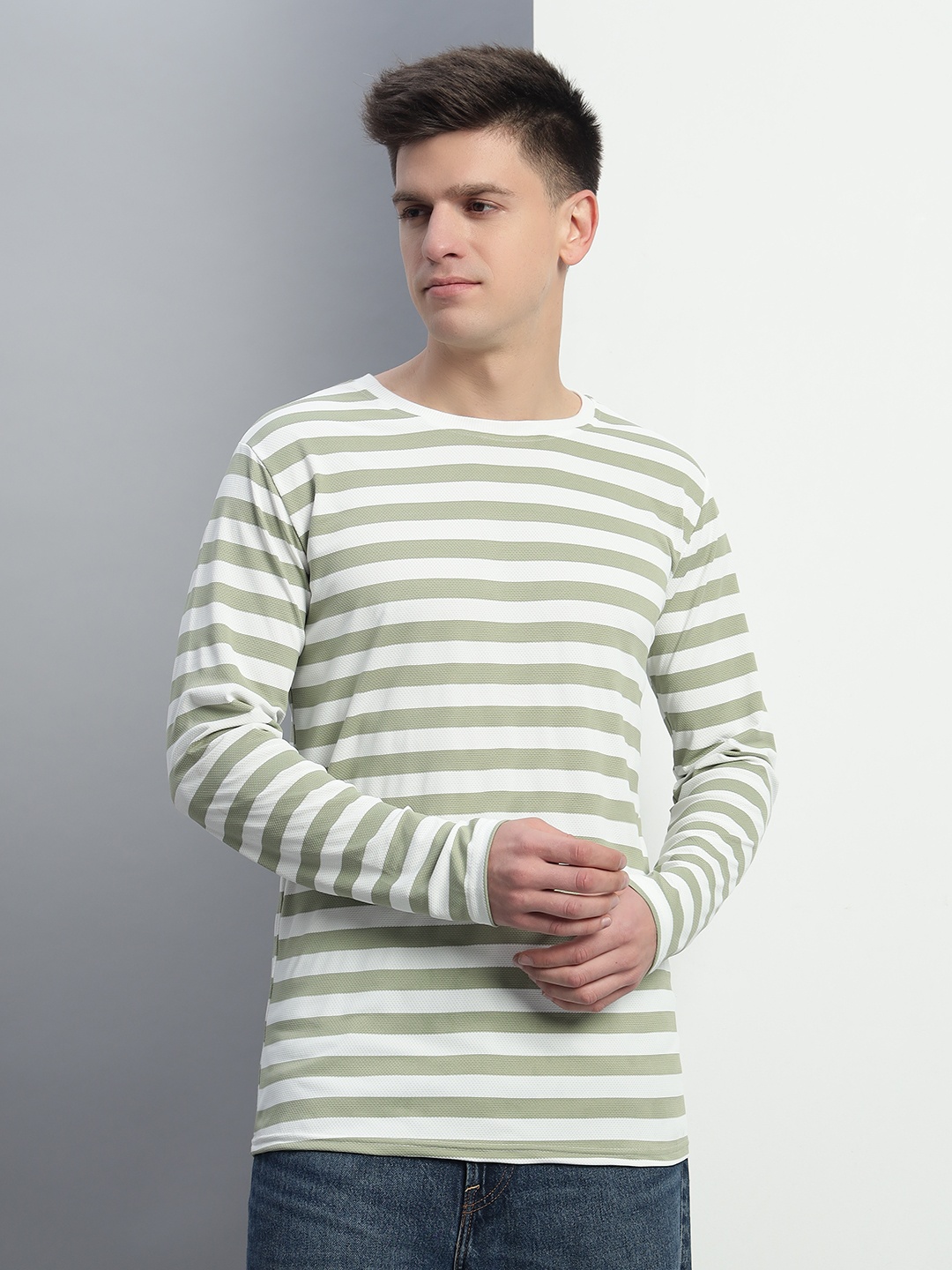 

Metronaut Men Striped Round Neck Cotton Slim Fit T-shirt, Green