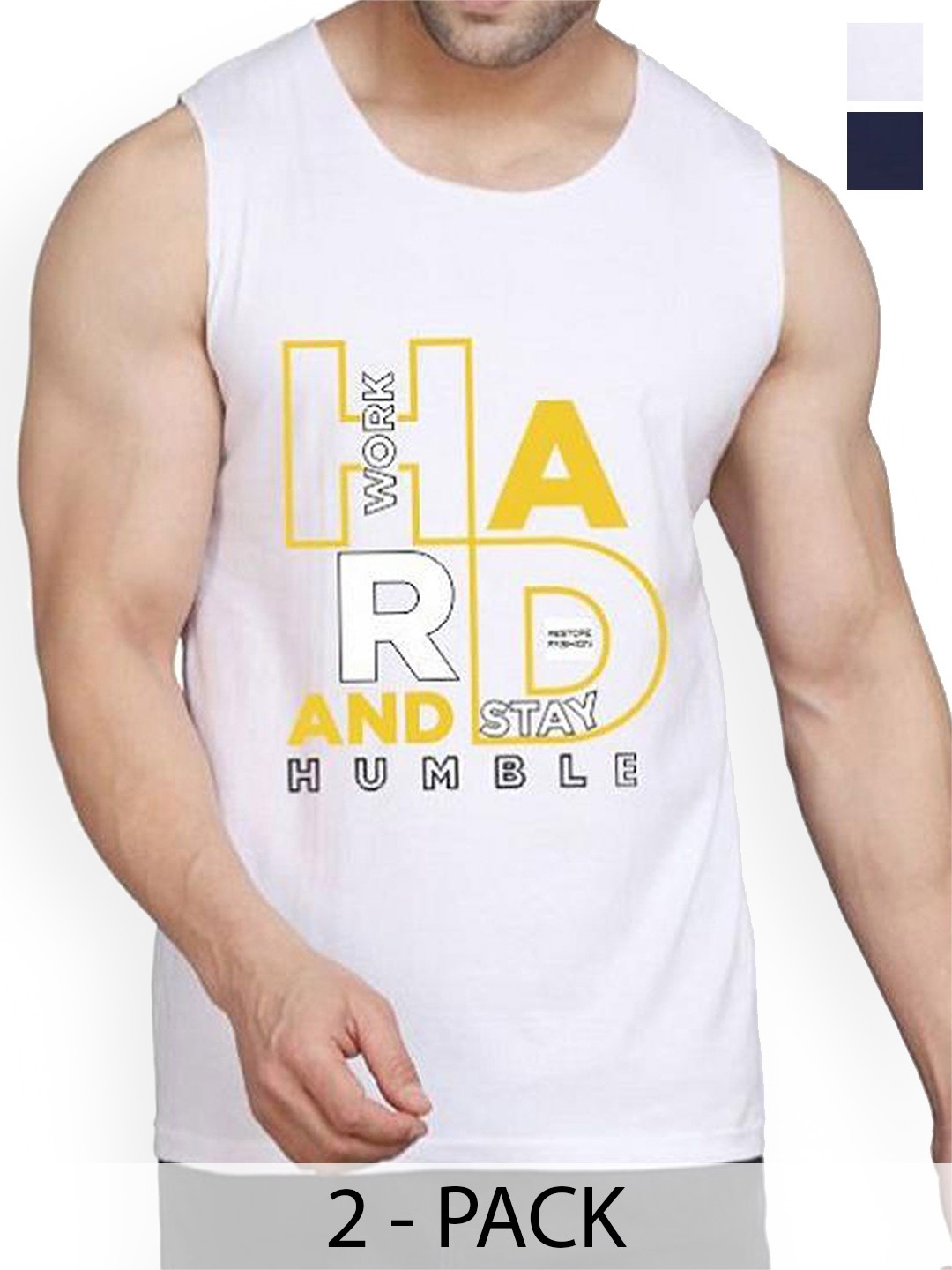 

WOOSTRO Men Pack Of 2 Printed Cotton Gym Vests, Navy blue