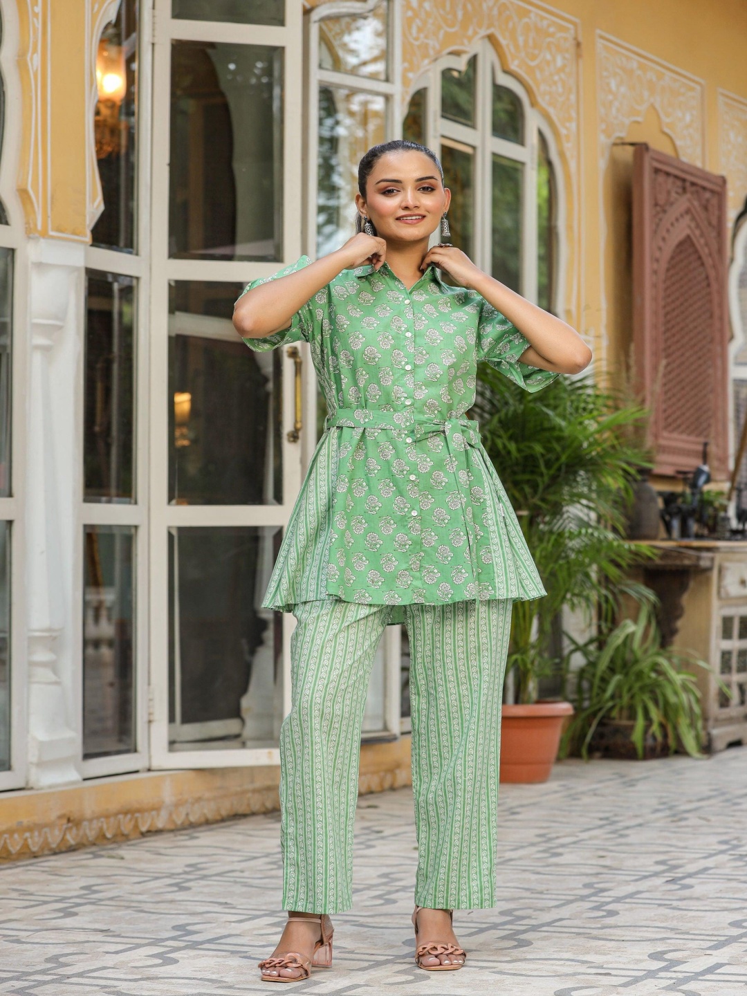 

JISORA Green Printed Pure Cotton Top With Trousers