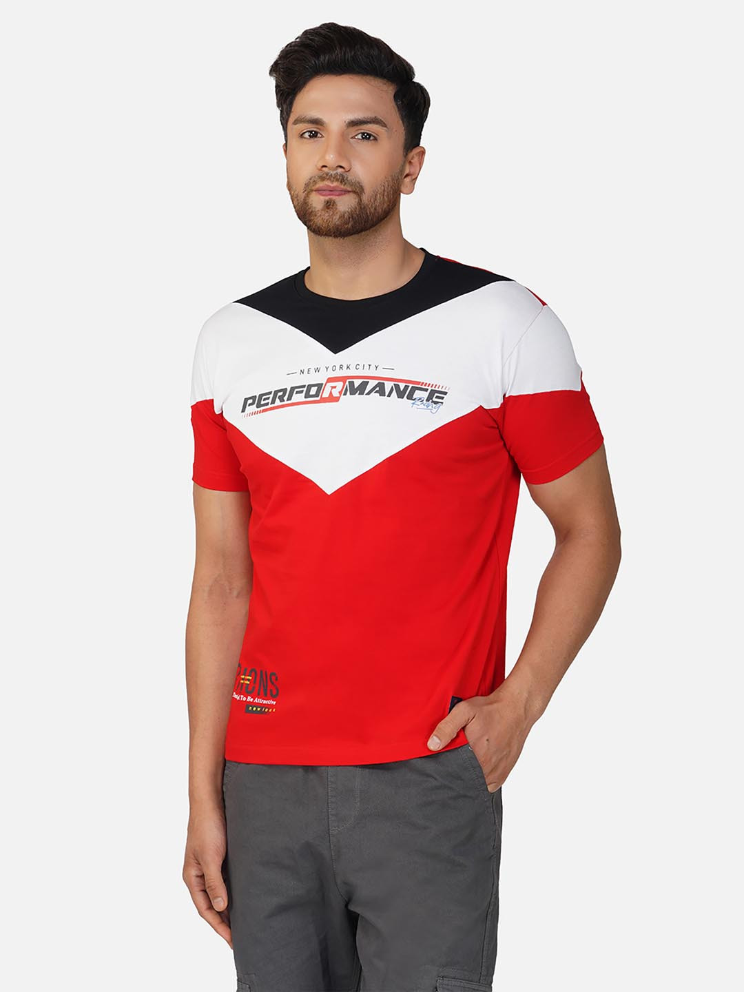 

ALARM Men Colourblocked Round Neck Cotton T-shirt, Red
