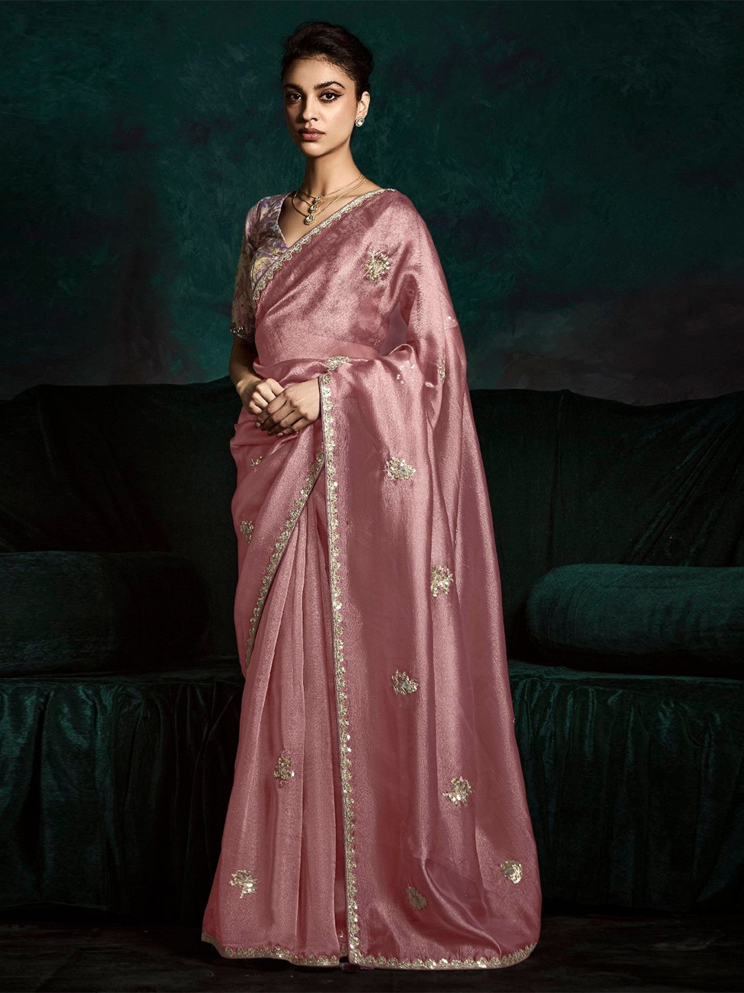 

MySilkLove Embroidered Tissue Saree, Pink