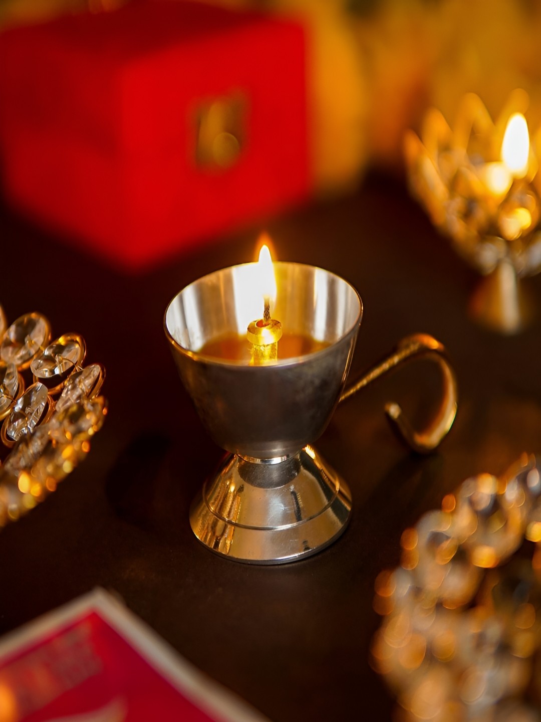 

Craftlayout Silver Toned & Gold Toned Brass Diya With Handle