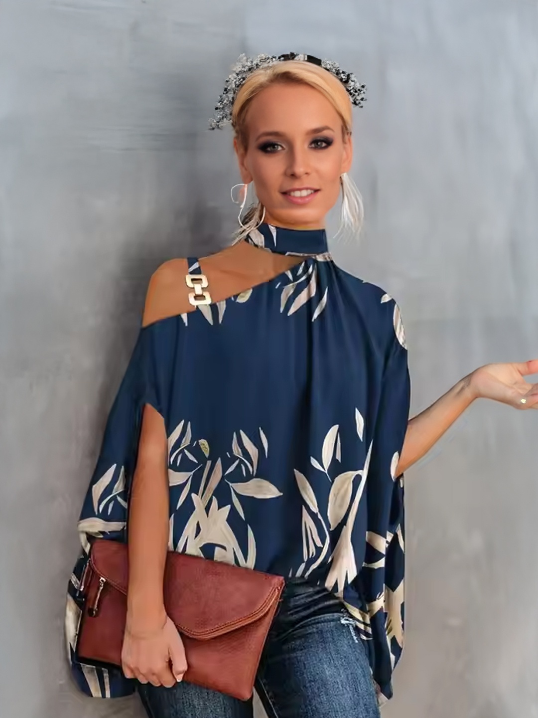 

StyleCast Women Floral Printed Choker Neck Kaftan Top, Blue