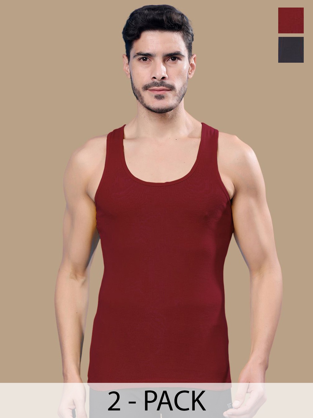 

Friskers Men Pack Of 2 Ribbed Cotton Gym Vests, Maroon