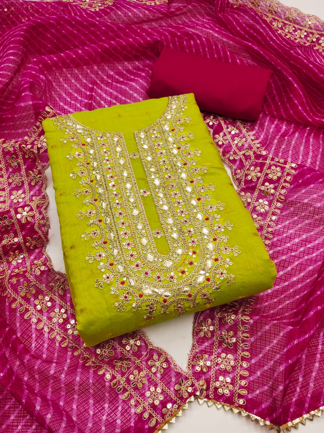 

SWARNGANGA TEX Embroidered Gotta Patti Unstitched Dress Material, Green