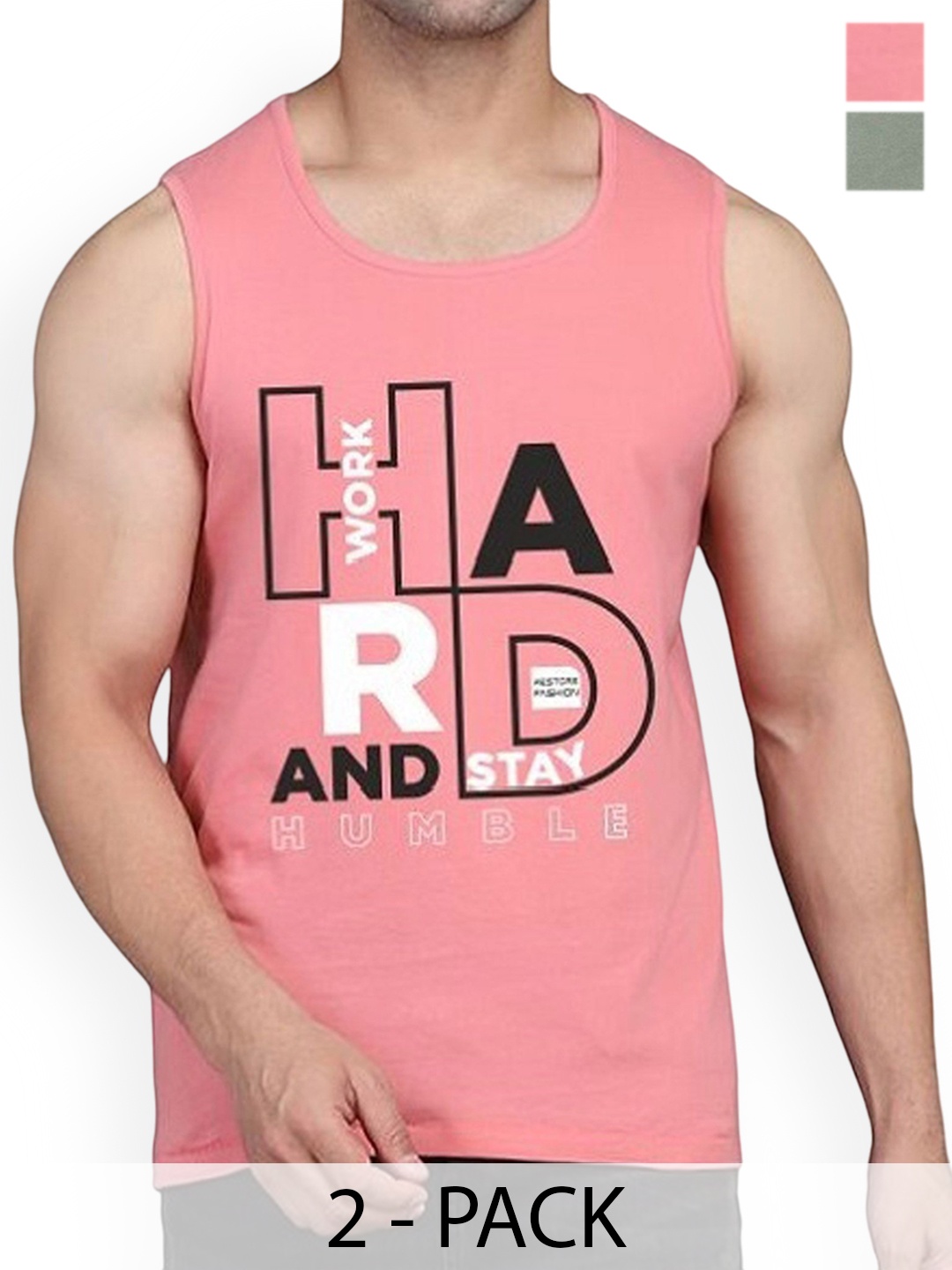 

WOOSTRO Pack Of 2 Printed Combed Cotton Gym Vest RS26 CMB (HARD PEACH) (98 LGTGREEN)