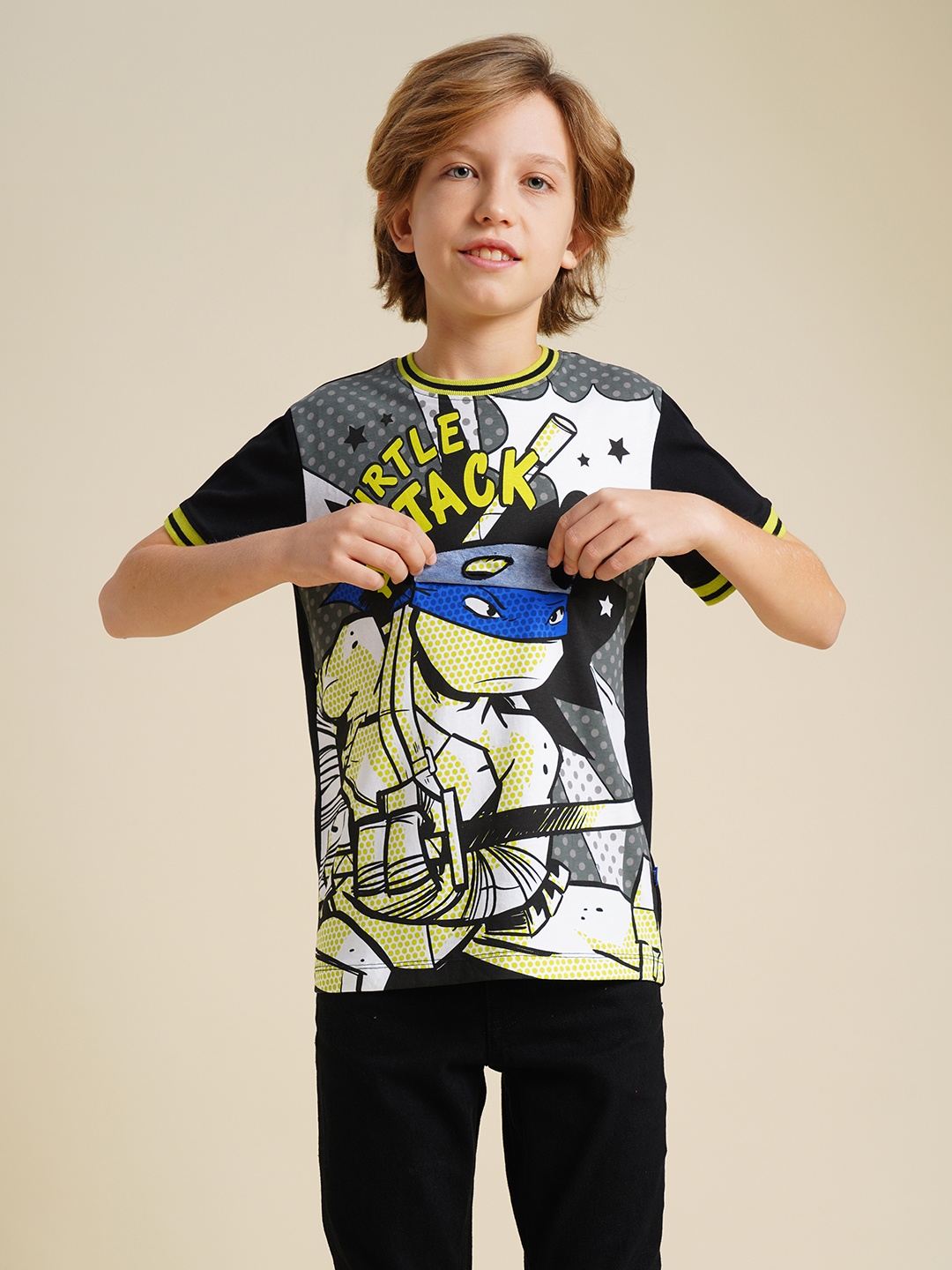 

Jack & Jones Junior Boys Mutant Ninja Turtles Graphic Printed Round Neck Cotton T-shirt, Black