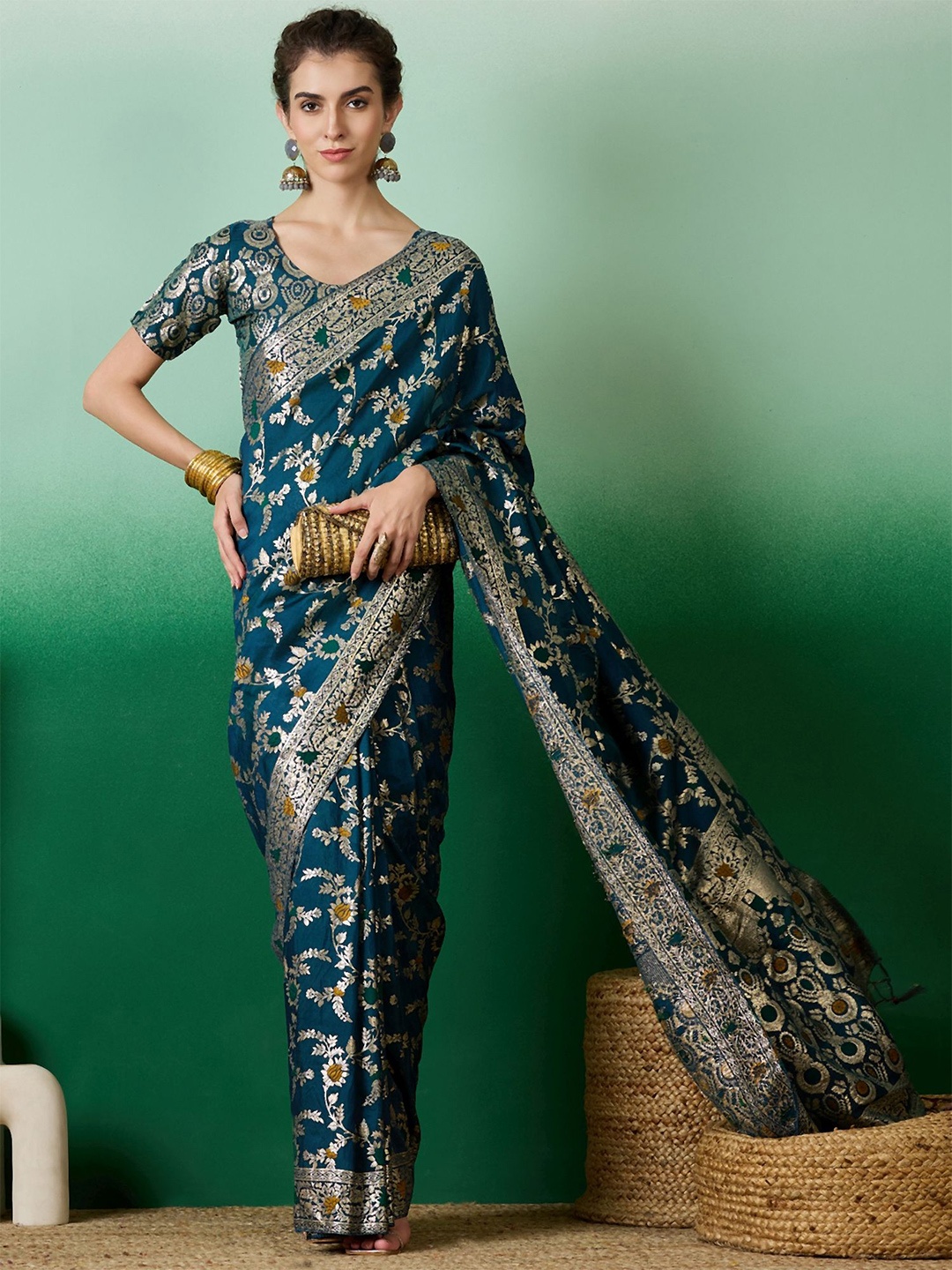 

DEVATITHI Teal Staple Dola Jacquard Saree
