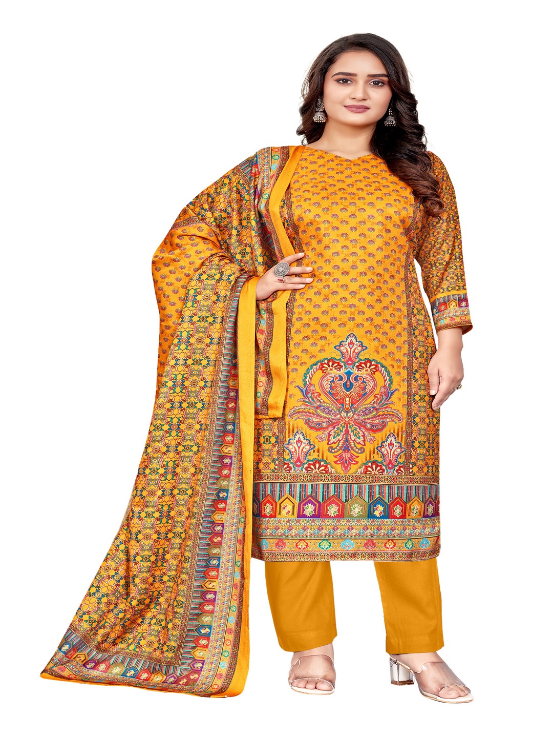 

DRAVINAM Trends Ethnic Motifs Printed Embroidered Pashmina Unstitched Dress Material, Yellow