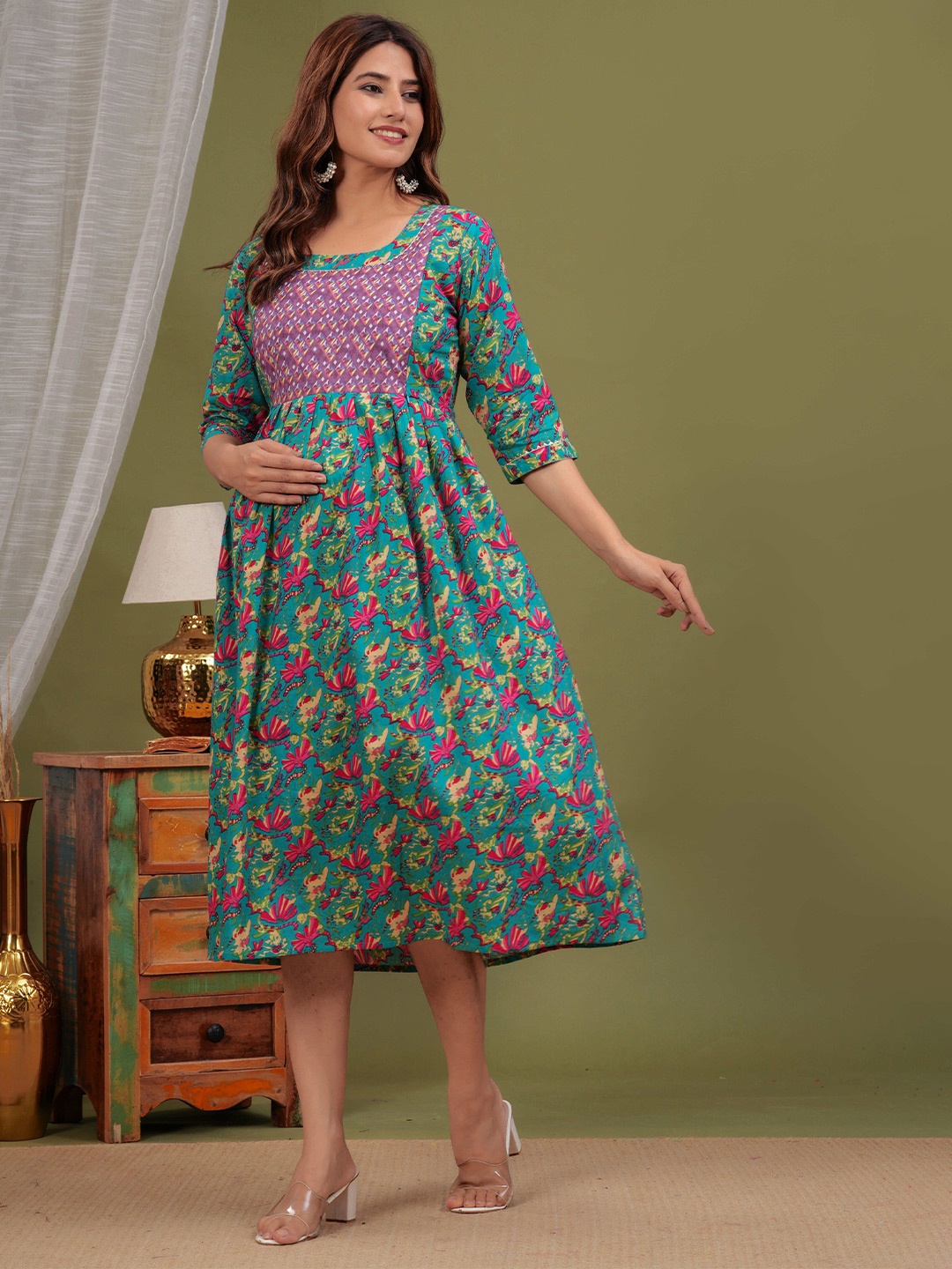 

FEMARY Women Floral Printed Cotton Maternity Midi Dress, Green