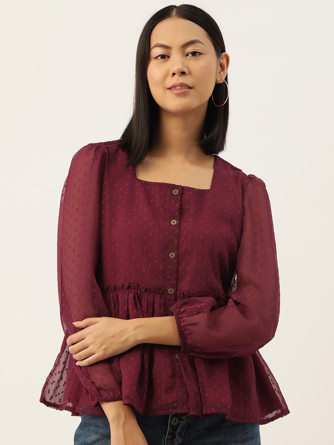 

Moda Rapido Women Self Design Puff Sleeve Peplum Top, Maroon