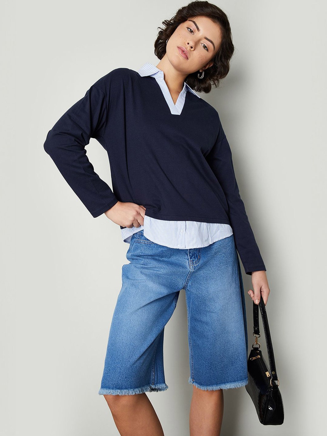 

max Shirt Collar Cotton Top, Navy blue