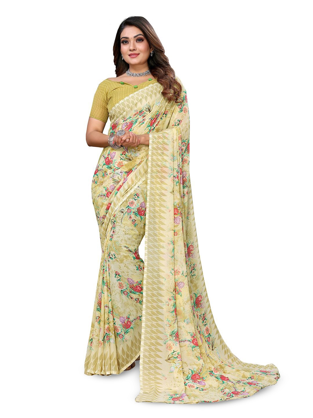 

Moda Rapido Floral Printed Saree with Blouse Piece, Yellow