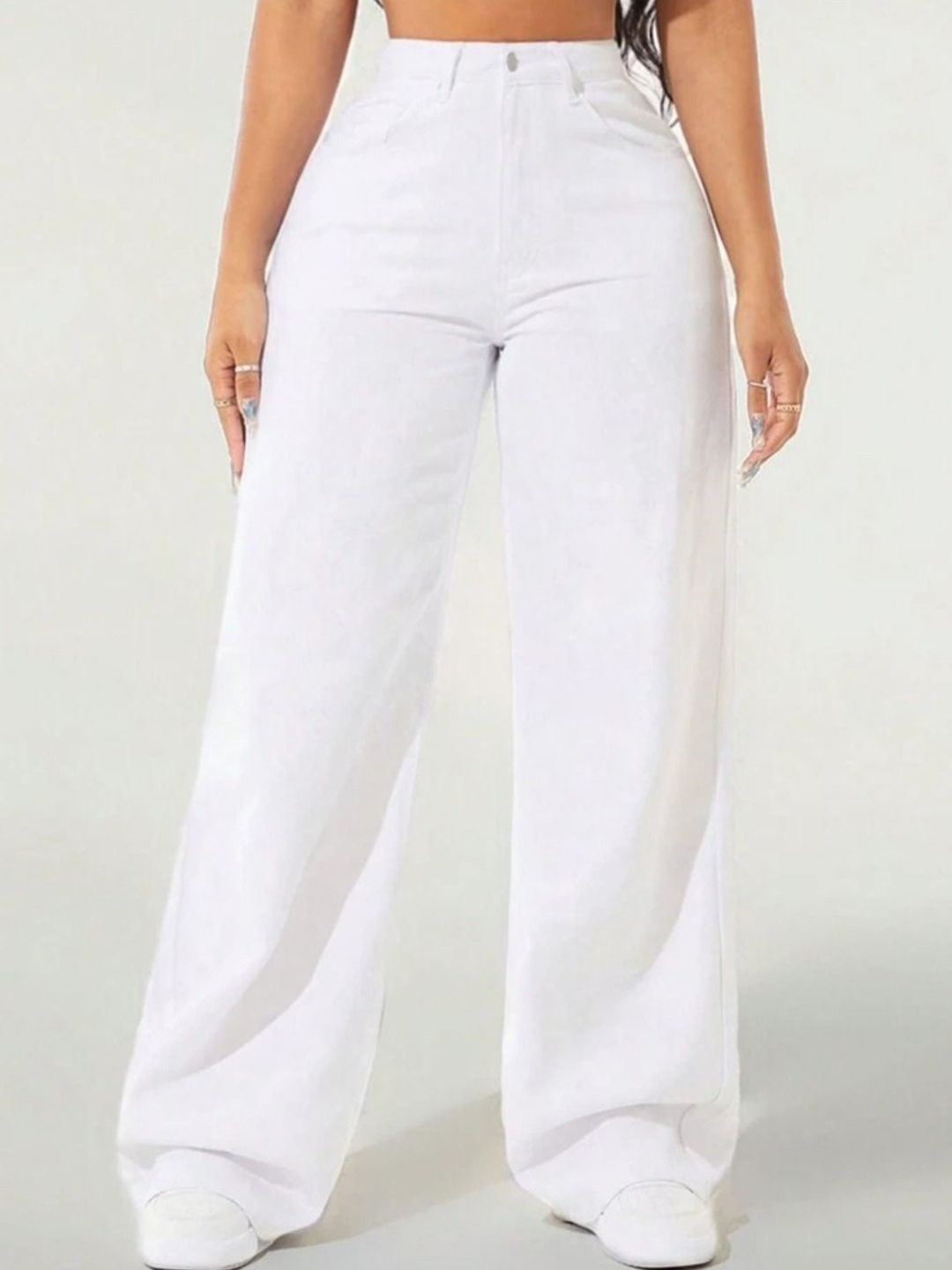

Zizvo Women Pure Cotton Wide Leg Jeans, White