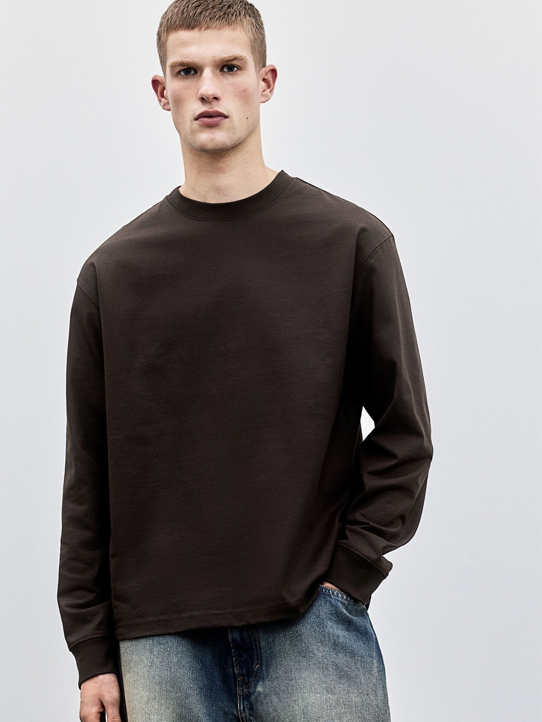 

H&M Loose Fit Long-sleeved Jersey Top, Brown
