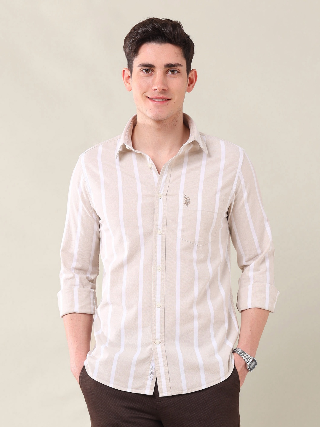 

U.S. Polo Assn. Men Classic Slim Fit Spread Collar Vertical Striped Cotton Casual Shirt, Beige