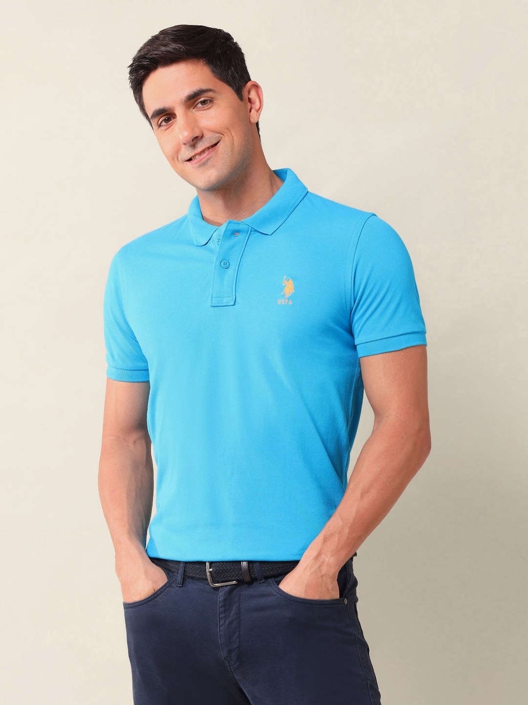 

U.S. Polo Assn. Men Solid Polo Collar Cotton Slim Fit T-shirt, Blue