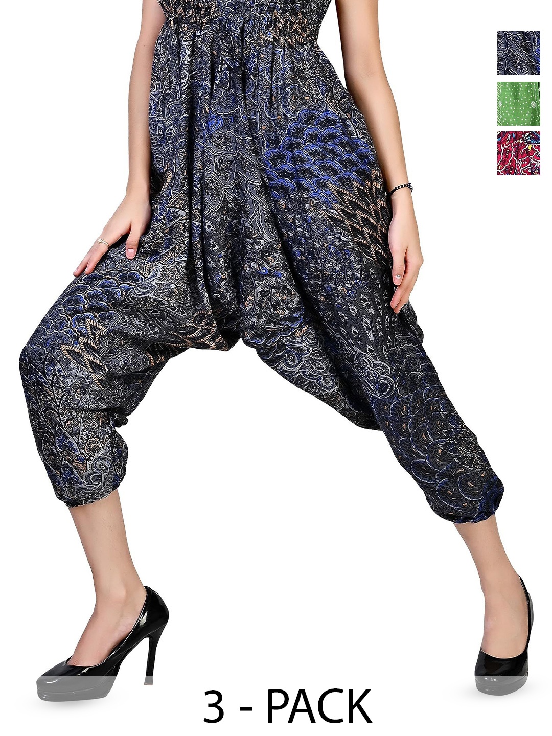 

NarNari Women Pack Of 3 Ethnic Motifs Printed Loose Fit Mid-Rise Harem Pants, Blue