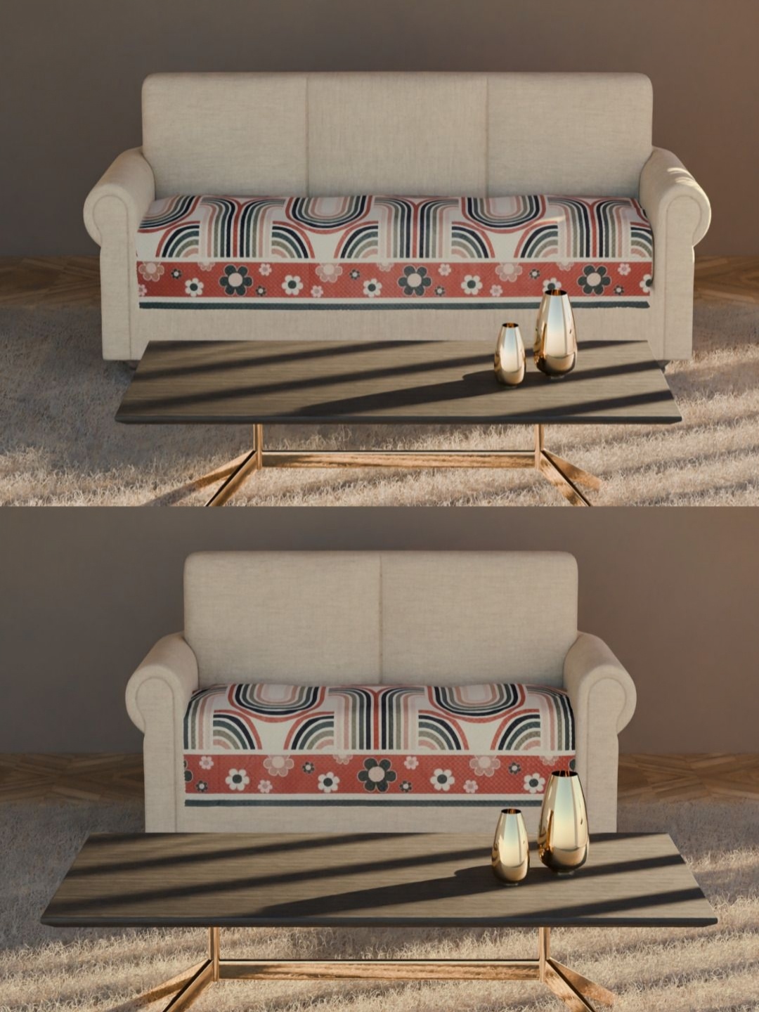 

Fashion Throw Beige & Maroon 2 Pieces Floral Printed Velvet 5 Seater Sofa Covers