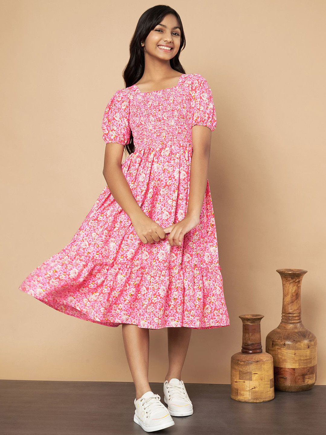 

ZWERLON Girls Floral Print Puff Sleeve A-Line Midi Dress, Pink