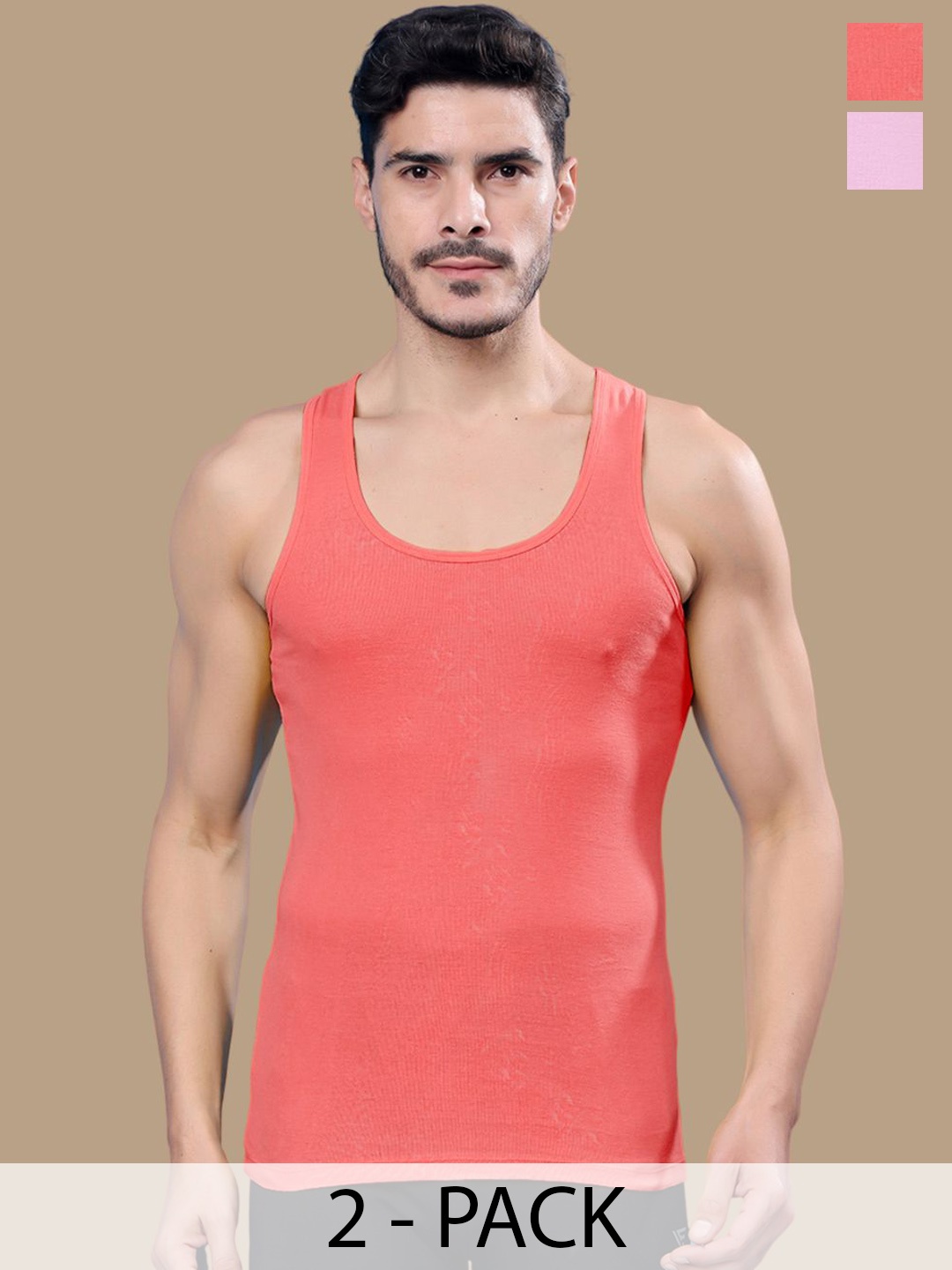 

Friskers Men Pack Of 2 Ribbed Cotton Gym Vests, Pink