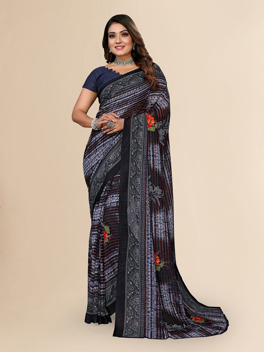 

Moda Rapido Striped Printed Saree, Grey