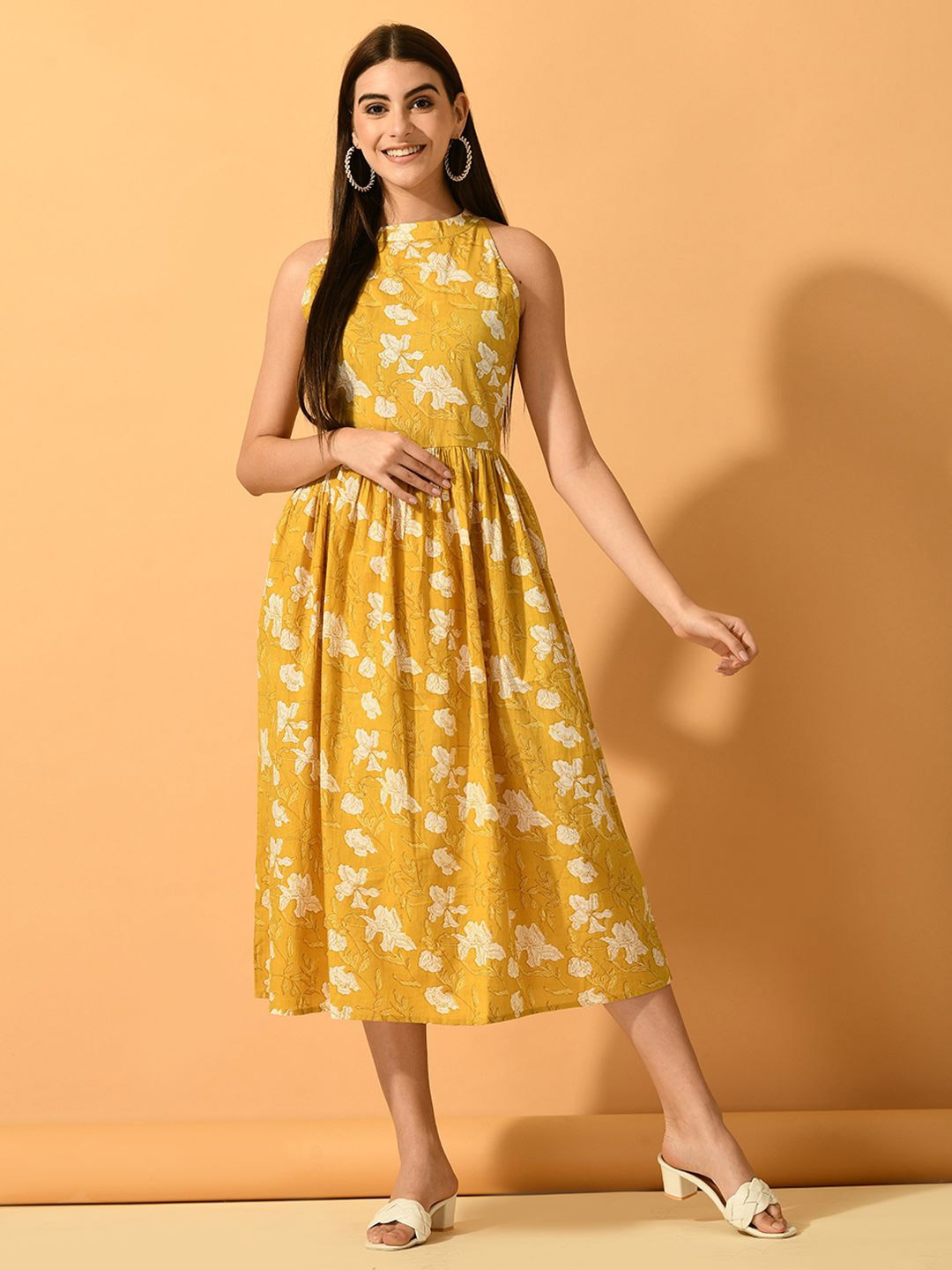 

KALINI Women Floral Printed Midi Fit & Flare Dress, Yellow