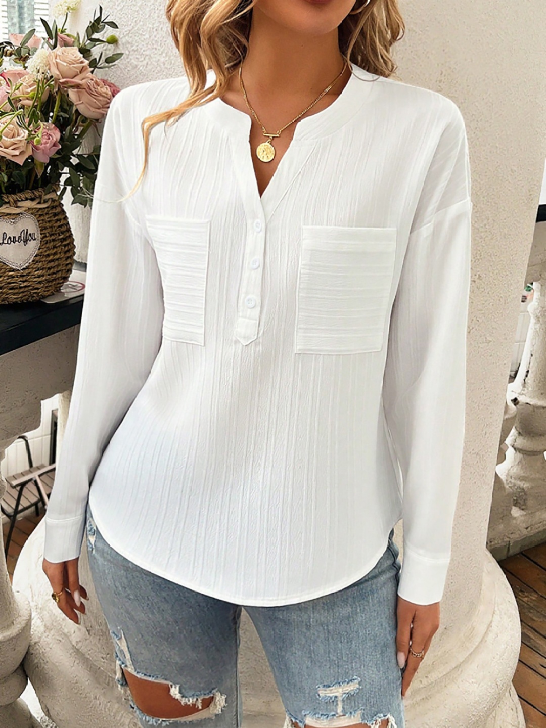 

StyleCast x Revolte Solid Cuffed Sleeves Shirt Style Longline Top, White