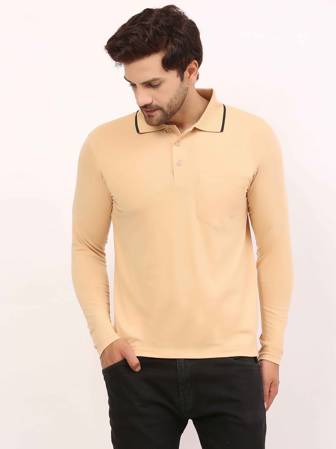 

ALARM Men Solid Polo Collar Cotton T-shirt, Beige